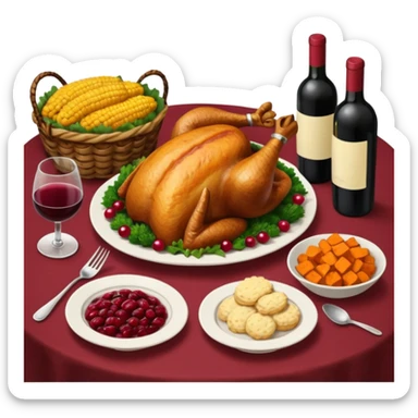 Thanksgiving Dinner with friends of all different races; have the food be a cooked turkey, mashed potatoes, corn, a basket of biscuits, a small bowl of cranberry sauce, baked yams, steamed vegetables, and a bottle of wine. sticker