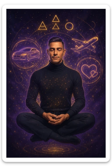"Un uomo in meditazione fluttuante nello spazio cosmico, circondato da particelle dorate e simboli alchemici. Intorno a lui, oggetti e situazioni dei suoi desideri (auto, viaggi, amore) si materializzano come ologrammi luminosi. Stile cyber-mistico, colori viola e oro." sticker
