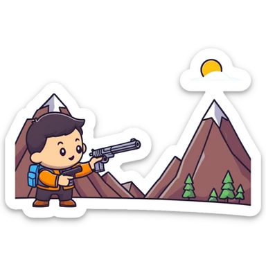 Cute tiny character with a toy gun shooting at a mountain with little figures sticker