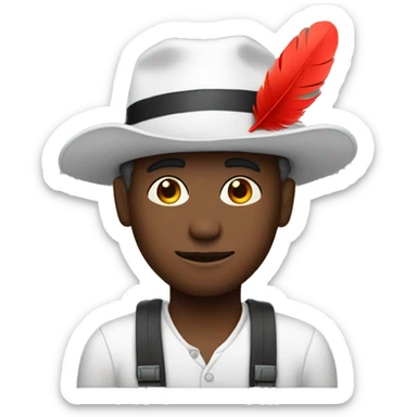 black man with white hat + red feather attatched to hat sticker