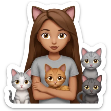 a pretty bratz dusky girl with long brown hair with six cats nd wearing a grey tshirt sticker