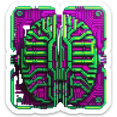 minimalist cartoon emoji of an AI brain chip, Matrix-inspired cyberpunk style, three neon green shades with magenta, clean crisp pixel lines, techy sticker look, stroke, futuristic digital feel sticker