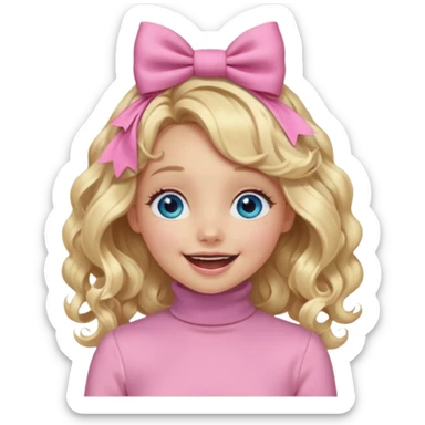 دختری با موی بلوند و خیلی بلند و فرفری و پاپیون صورتی روی سرش و یه لباس  یقه اسکی صورتی کم رنگ که شاینی هست و چشم های آبی و لباس های حجم دار در حال خندیدن sticker