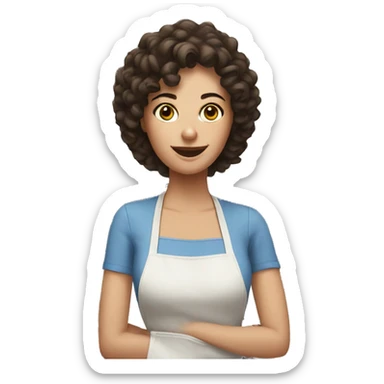White woman with dark brown curly hair cooking sticker