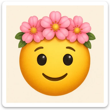 yellow face with pink flower crown emoji, digital illustration sticker