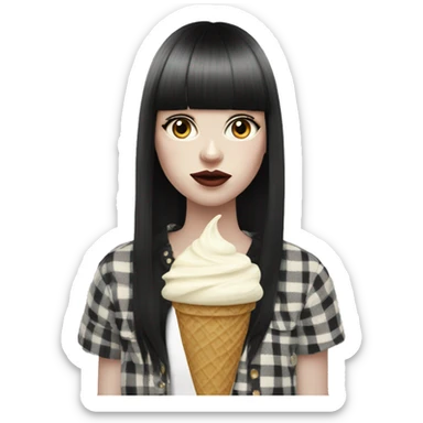Portrait chanel clothes Girl pale skin with long black  bangs eating icecream  sticker