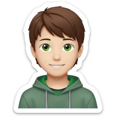 the face of an Anime asian style teen boy with brown hair, green eyes, looking smiling slightly sideways positioned. Face must be main filling of the emoji.  128px sticker