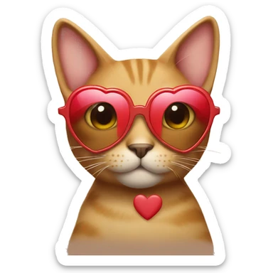Light brown cat wearing heart sunglasses and holding a heart sticker