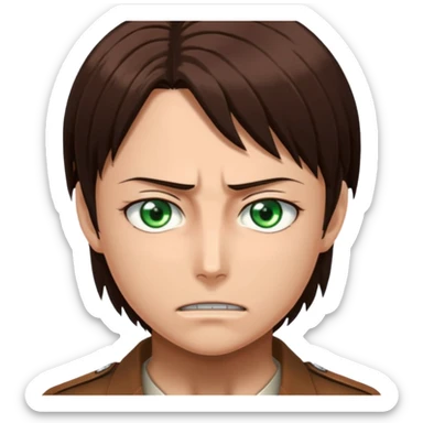“Create an avatar that looks like Eren Yeager from Attack on Titan, Season 4 — sharp jawline, tied-back long brown hair, intense green eyes. No expression.  sticker