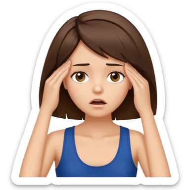у девочка с прической боб с коричневыми волосами в темно-синей майке держится за голову в шоке sticker