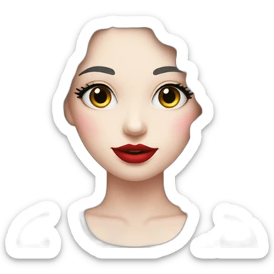 A white woman with long curly dark n and long eyelashes, black eyes, pink cheeks and red lips holds on a black & white border collir sticker