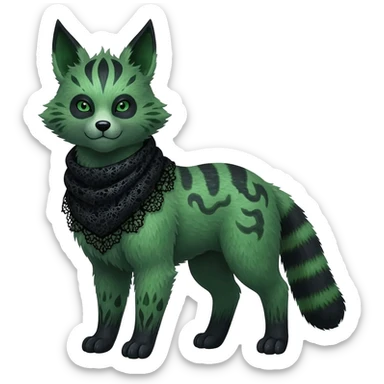 Rare epic greenish exotic cool creepy epic aesthetic gothic Salandit-Eevee-Civet-species-Fakemon-hybrid-creature, with a scarfie, and with intricate random markings, full body sticker