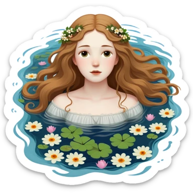 Ophelia floating in water surrounded by flowers, based on the famous painting by John Everett Millais sticker