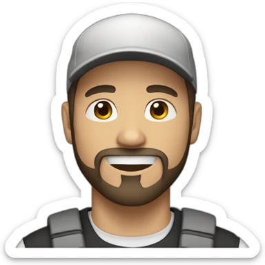 White man dark hair wearing a backwards cap and a goatee beard sticker