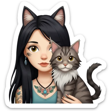 girl with long black  straight hair and tattoos and a tabby Maine coon sticker