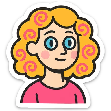 pale girl with medium-length curly blonde hair and baby pink swirls sticker