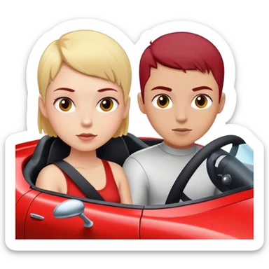 Blonde boy with a buzz cut and a girl with dark red hair in a sports car sticker