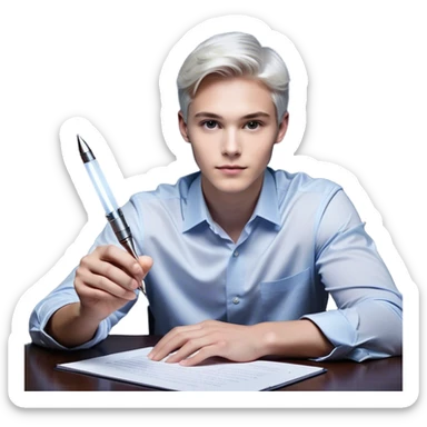 A man sitting on desk. A glowing hand emerges from within a piece of paper, symbolizing the future self. The hand extends forward, offering a pen, as if passing over the ability to take action. The pen is illuminated, representing the moment of decision—the choice to stop procrastinating and start. sticker