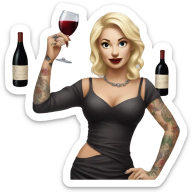 Blonde elegant women, her body covered with tattoos, wine in her one hand, Pointing Forward with her Other Hand , Hyper realistic sticker