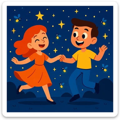A red-haired girl and a boy dancing together under a starry night sky, with fireflies around them. sticker