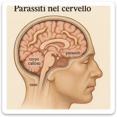 realistic medical illustration showing parasites in the human brain with stylized cross-section, educational and respectful, Italian labels, no explicit details sticker