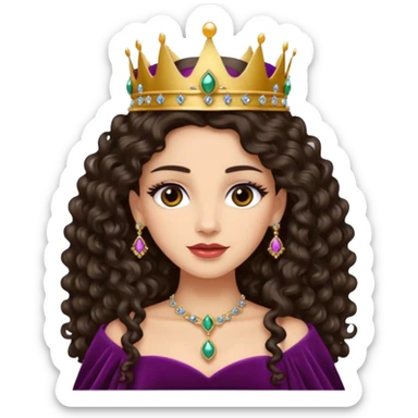 Queen with long dark curly hair, dark brown eyes, light olive skin tone. can you make the skin tone lighter? sticker