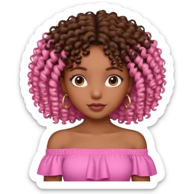 A brown skin girl with a curly 4C hair and she has a pink off shoulder top, sticker