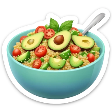 Bowl of quinoa salad with avocado, tomato, and cucumber, pastel backdrop sticker