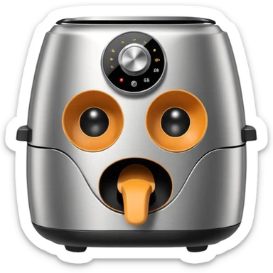 An air fryer with the knobs and handles made to look it's eyes, nose and mouth, hysterically crying with laughter sticker