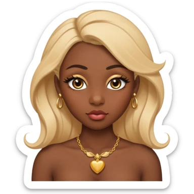 darkskin female with eyebrows that are naturally shaped and frame eyes well, eyes that are almond-shaped with defined lashes. nd lips are full with a defined cupid’s bow, add also a septum piercing that adds an edgy, stylish flair. a middle-part, honey blonde bust-down with laid baby hairs sticker