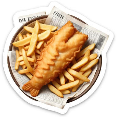 Fish and Chips Cinematic Realistic Fish and Chips Dish Emoji, depicted as a crispy battered fish fillet and golden chips served in traditional newspaper wrapping, rendered with lifelike textures and warm natural lighting that captures its iconic British street food charm  . sticker