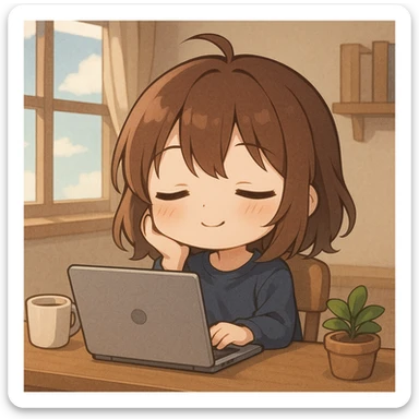 Add a laptop on the desk in front of the chibi girl, preserving the relaxed vibe. sticker