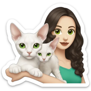 White woman with long dark hair and green eyes holding white devon rex with blue eyes sticker
