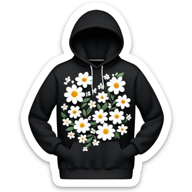 The BLACK Hoodie features a black base with scattered black and white flowers. Each flower has a white outer ring with a hollow center, creating a unique open design that contrasts sharply against the dark background. sticker