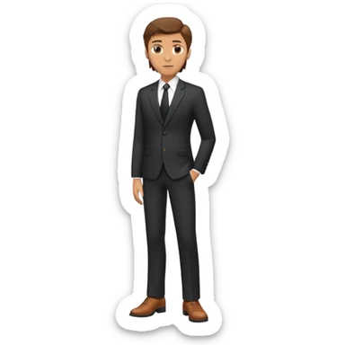 Caucasian male, brown hair, standing wearing dark suit and shoes, with hands on hips sticker
