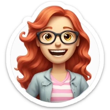 Pale, Long Wavy haired red head, girl with pink circular glasses glasses laughing and pointing sticker
