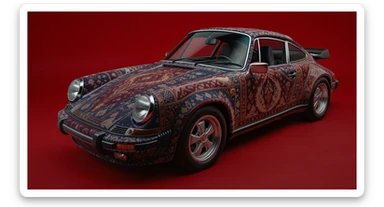 Closeup shot of a porsche 911, body of car made of russian carpet with patterns, red solid studio background,top low key light, dutch angle,  captured by ARRI 65 sticker