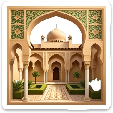 Alhambra – Cinematic Realistic Alhambra, depicted as a majestic Moorish palace with intricately carved arches, lush courtyards, and detailed tile work, bathed in soft golden light and dynamic shadows that highlight its opulent historical beauty. sticker