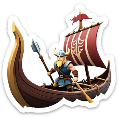 clash-of-clans-aesthetic_-cinematic-viking-longboat, rendered in a flat, bold vector style with minimal shading, featuring a striking dragon-headed prow slicing through icy, churning waters. shields on the side and vikings rowing The longboat’s intricately detailed shields and carved motifs evoke a sense of epic adventure and Nordic might, with billowing sails catching a dramatic, stormy sky backdrop. sticker