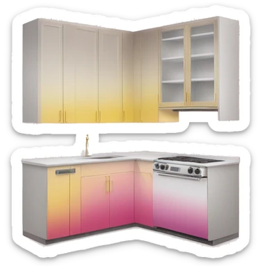 Realistic front facing pink And yellow ombre hanging kitchen cabinets and gold hardware.  sticker
