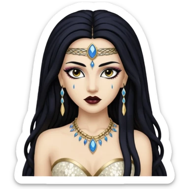 Akasha from Queen of the Damned with long black hair, ivory sequin outfit sticker