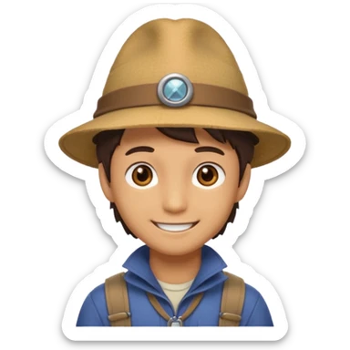 Um rosto kawaii macho de olhos castanhos com chapéu de aventureiro e sorrindo sticker