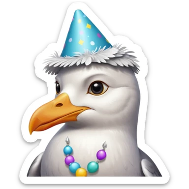 A seagull with a party hat, only the head zoomed in sticker