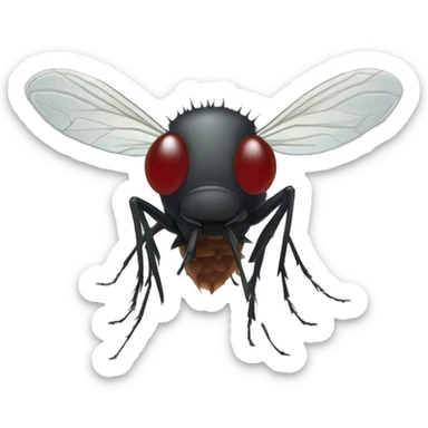 A midge (very tiny fly from scotland) looking like a vampire (with two protruding teeth), view from face/profile, looking like embarassed sticker