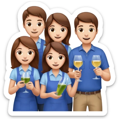 Make a photo of 5 project managers, specifically 3 girls with brown hair and 2 boys, that are making project for improvement of the winery sticker