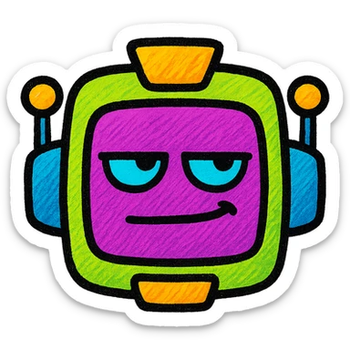 Generate another sarcastic robot using the same purple, green, orange, and blue color scheme, but with a different sarcastic attitude like unimpressed, dry smile, or side-eye. Match the playful, bold style in vibrant pop colors style. sticker