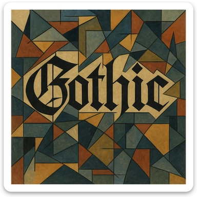 the word 'Gothic' in ornate gothic calligraphy, cubist abstraction style sticker