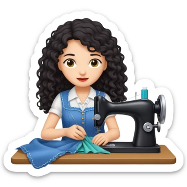 a woman with long curly dark hair sewing clothes sticker