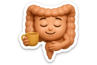 emoji stile iphone 3d di intestino umano sereno che si tocca la pancia mentre sorseggia un thè alle erbe, iperrealistico 4k sticker