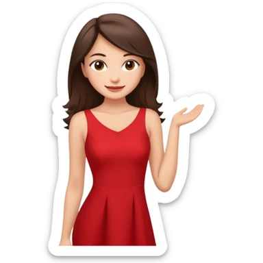 Cartoon emoji of a young brunette woman with fair-medium skin, brown eyes, wearing a red outfit. Full-height, standing confidently in a red dress  posing sexy with a smile and relaxed posture. Smooth, friendly, stylized, make up on, flirty eyes and smile in a sexy position touching hair sticker